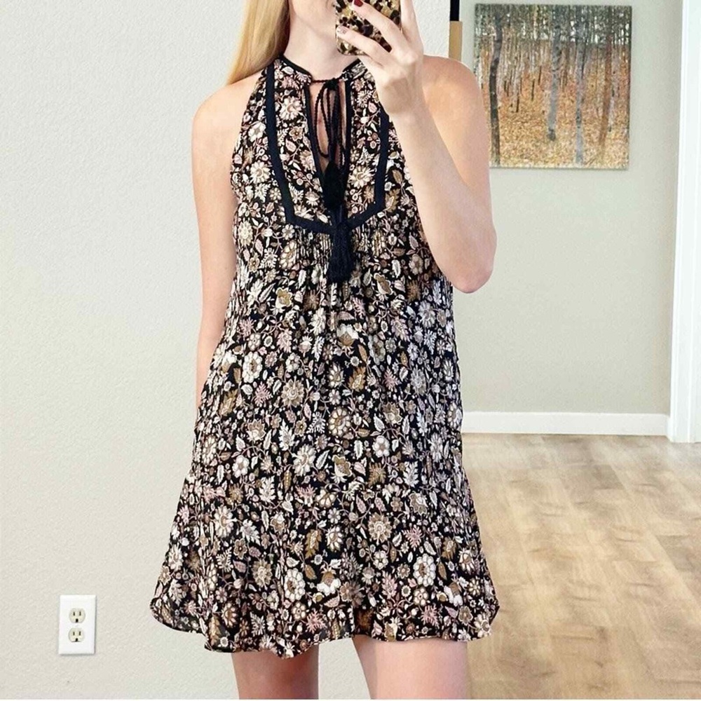 ALC | 100% Silk Black and White Floral Halter Mini Sundress | Sz 2
